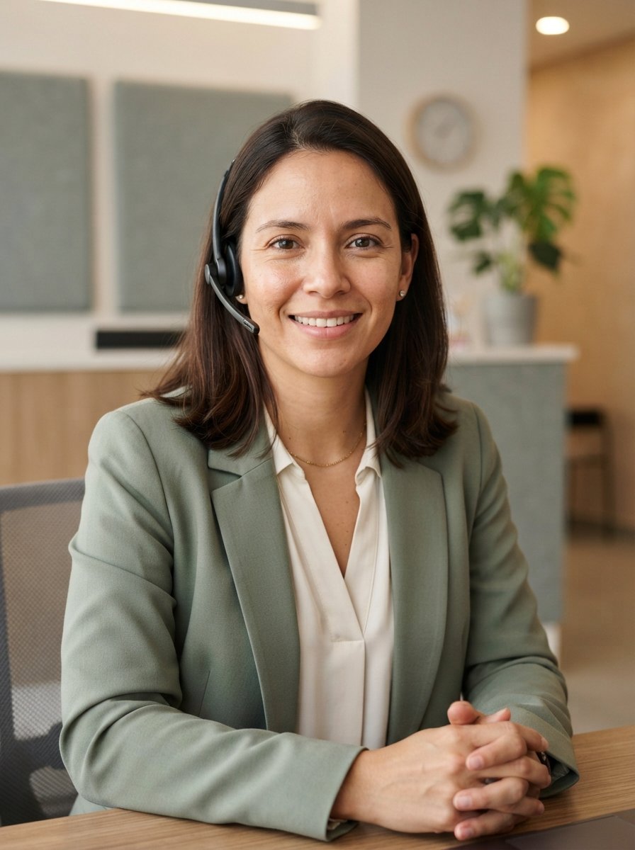 Retrato generado de una asesora virtual sonriente con auricular